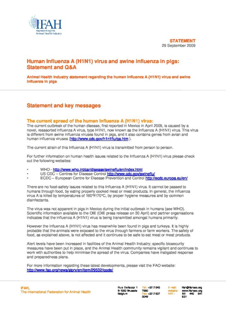 human influenza a h1n1 virus and swine influenza in pigs- statement and ...